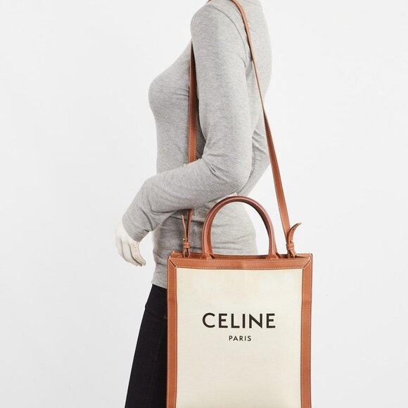 Celine Beige/Brown Canvas/Leather Vertical Cabas Small Tote Crossbody Bag - Picture 1 of 12